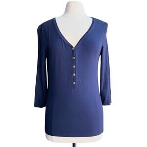Lauren Ralph Lauren Size M Navy Blue Y2K V-Neck Henley Top 3/4 Sleeve Stretch